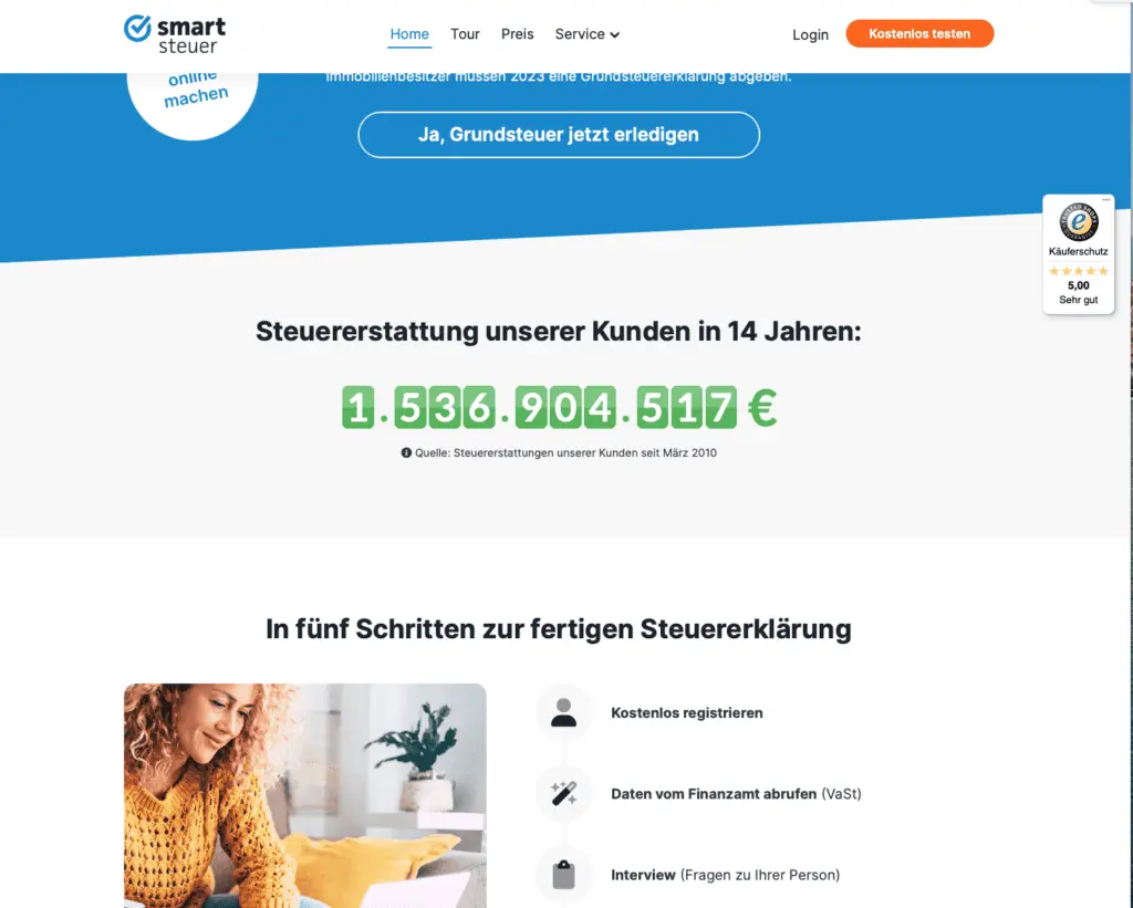 Startseite einer online Steuersoftware