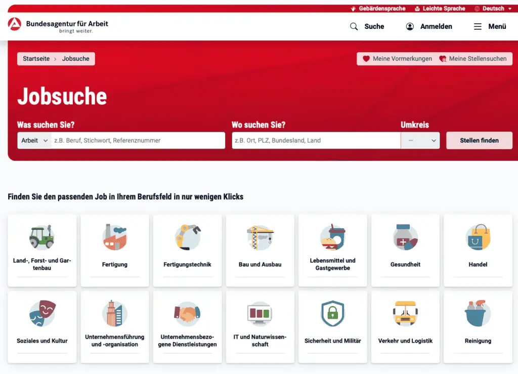 Screenshot: Startseite der Jobsuche der Bundesagentur für Arbeit