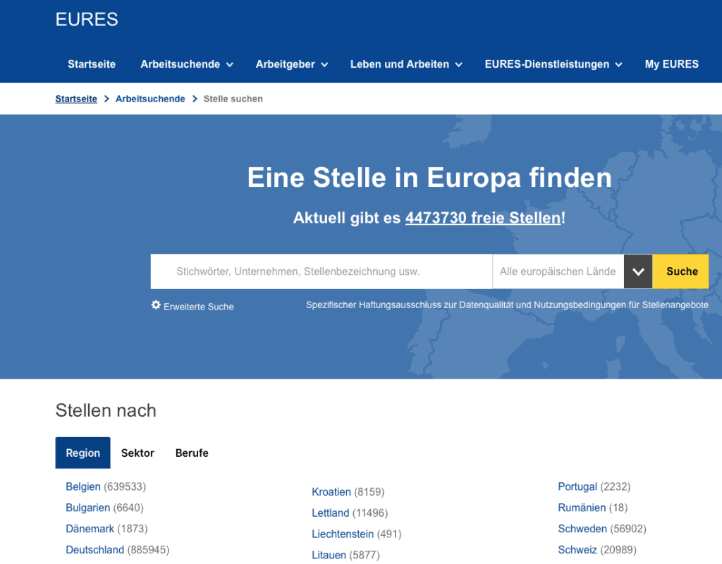 Screenshot: die Suchmaske der Stellensuche von EURES
