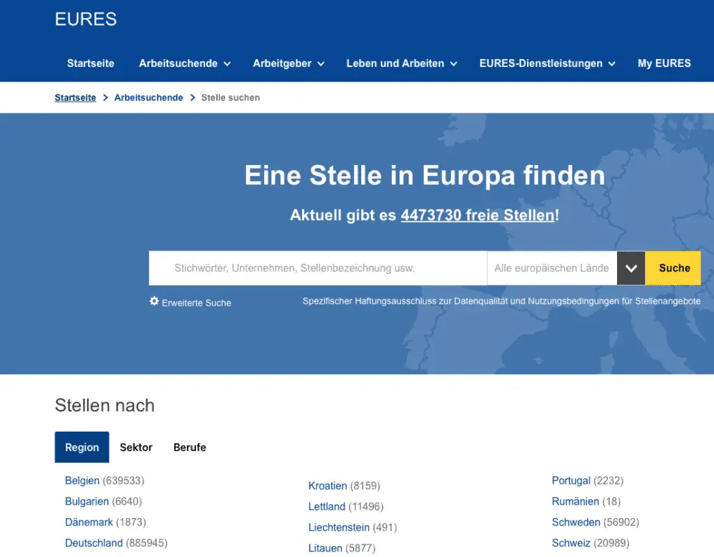 Screenshot: die Suchmaske der Stellensuche von EURES