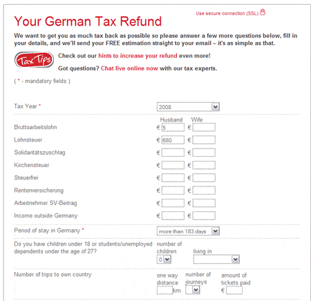 Steuererklärung Rechner. Rahmendaten (Schritt 2)