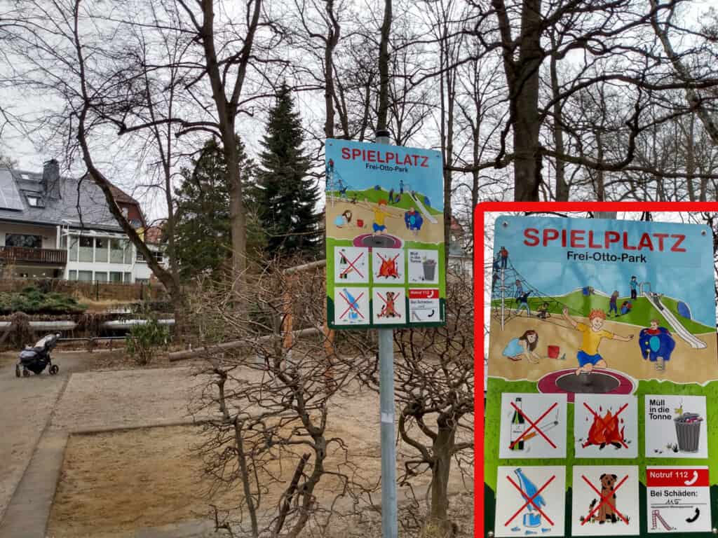 Der Spielplatz im Park in Chemnitz-Siegmar ist beschildert.
