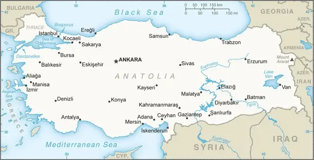 Landeskarte der Türkei mit Großstädten, und angrenzenden Staaten